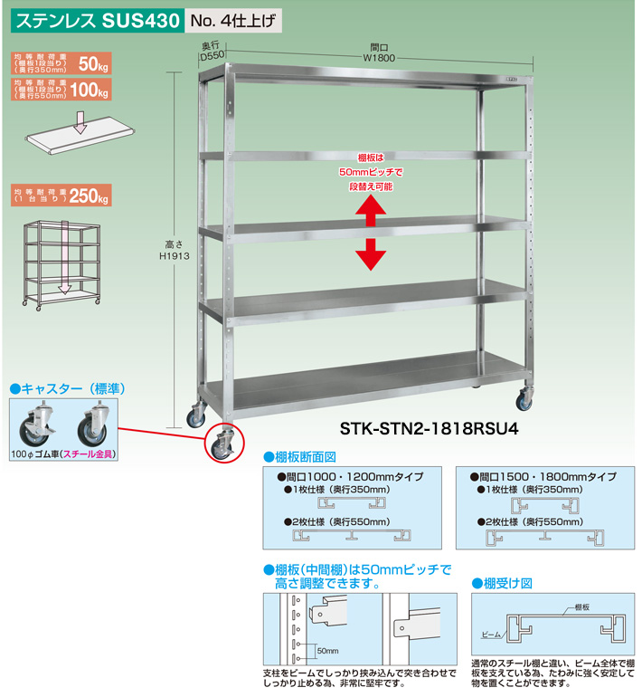 ステンレス　ラック 150kg/段 SUS430 軽中量セミボルトレス ステンレス棚 高さ2100 x 棚板9
